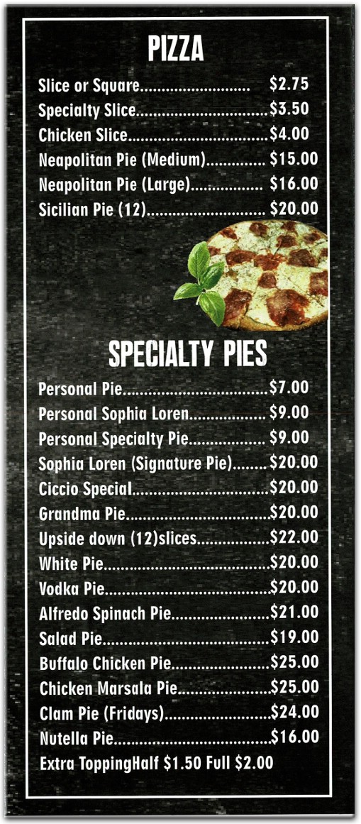Ciccios Pizza Menu