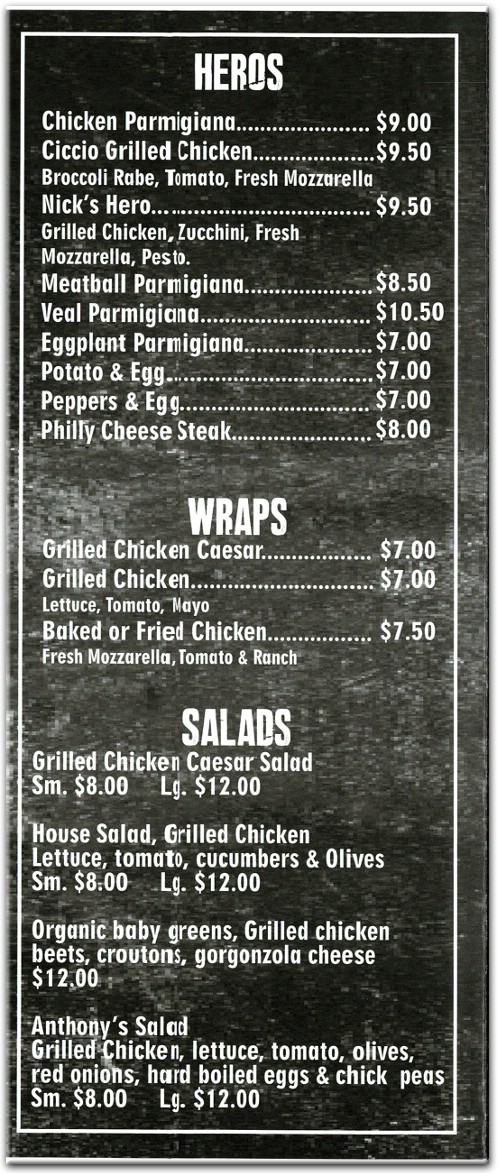 Ciccios Pizza Menu